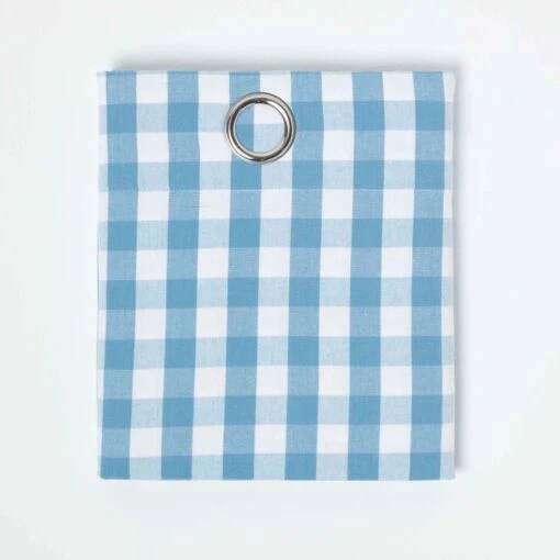 Cotton Blue Block Check Gingham Ready Made Eyelet Curtains -Best Homeware Store kt1409 1