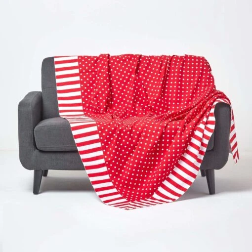 Cotton Red Polka Dots And Stripes Sofa Throw -Best Homeware Store kt1536 01