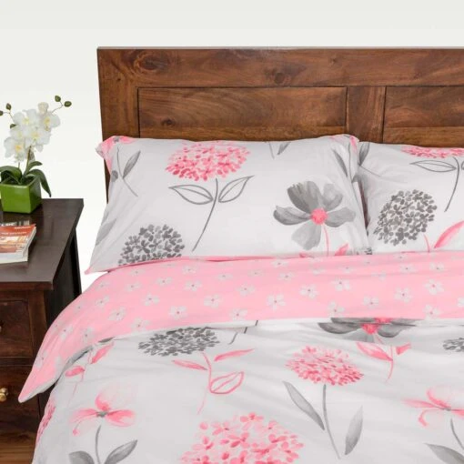 Pink, White And Grey Floral Duvet Cover Set, Single -Best Homeware Store pink a 3