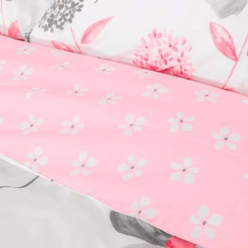 Pink, White And Grey Floral Duvet Cover Set, Single -Best Homeware Store pink b 3