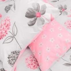 Pink, White And Grey Floral Duvet Cover Set, Single -Best Homeware Store pink c 3