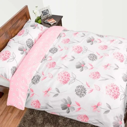 Pink, White And Grey Floral Duvet Cover Set, Single -Best Homeware Store pink main 3