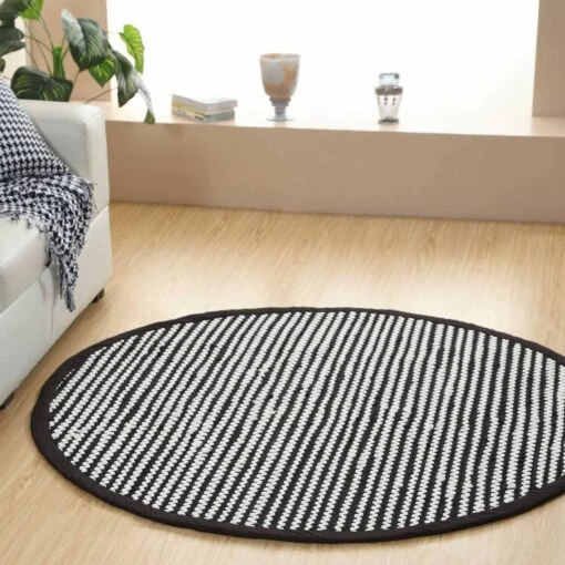 Groove Black And White Monochrome Stripy Cotton Chindi Rug, 150 Cm Round -Best Homeware Store ru1265 f 3