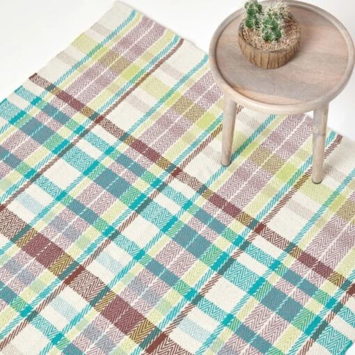 Wilson Handwoven Blue, Yellow And Brown Tartan 100% Cotton Rug -Best Homeware Store ru1274 01