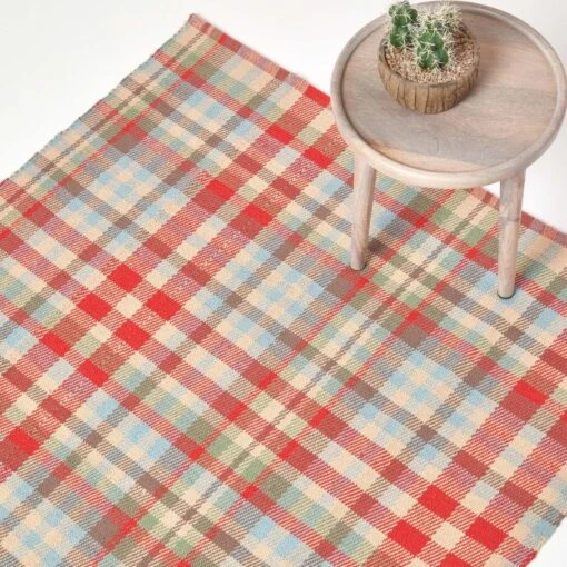 Ramsay Handwoven Red, Blue And Cream Tartan 100% Cotton Rug -Best Homeware Store ru1276 01