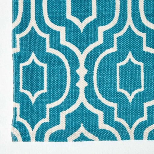 Riga Teal And White 100% Cotton Printed Patterned Rug -Best Homeware Store ru1279 03