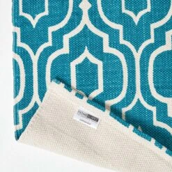 Riga Teal And White 100% Cotton Printed Patterned Rug -Best Homeware Store ru1279 05