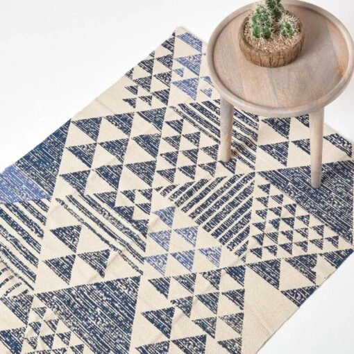 Delphi Blue And White Geometric Style 100% Cotton Printed Rug -Best Homeware Store ru1281 01