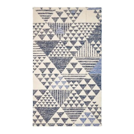 Delphi Blue And White Geometric Style 100% Cotton Printed Rug -Best Homeware Store ru1281 02