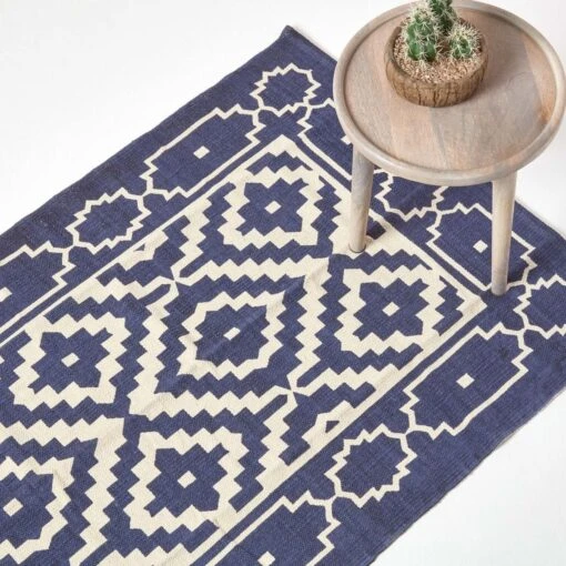 Halmstad Blue And White Scandi Style 100% Cotton Printed Rug -Best Homeware Store ru1283 01