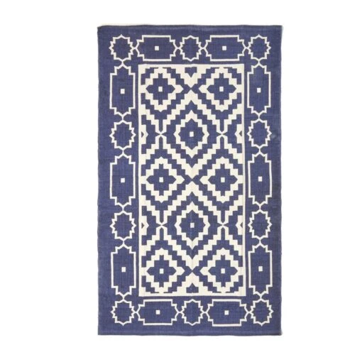 Halmstad Blue And White Scandi Style 100% Cotton Printed Rug -Best Homeware Store ru1283 02