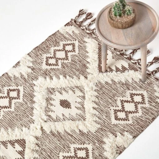 Lhasa Handwoven Brown And Cream Diamond Kilim Wool Rug -Best Homeware Store ru1286 01