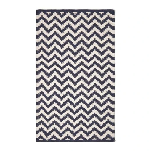 Casablanca Handwoven Zig Zag Pattern Dark Blue And White Cotton Kilim Rug -Best Homeware Store ru1288 02