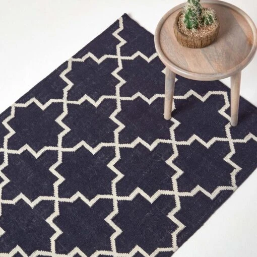 Edmonton Handwoven Navy Blue And White Cotton Geometric Kilim Rug -Best Homeware Store ru1289 01