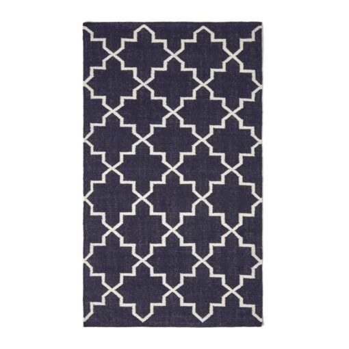 Edmonton Handwoven Navy Blue And White Cotton Geometric Kilim Rug -Best Homeware Store ru1289 02