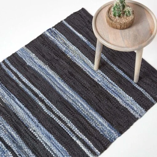 Texas Leather & Denim Woven Striped Blue Rug -Best Homeware Store ru1296 01