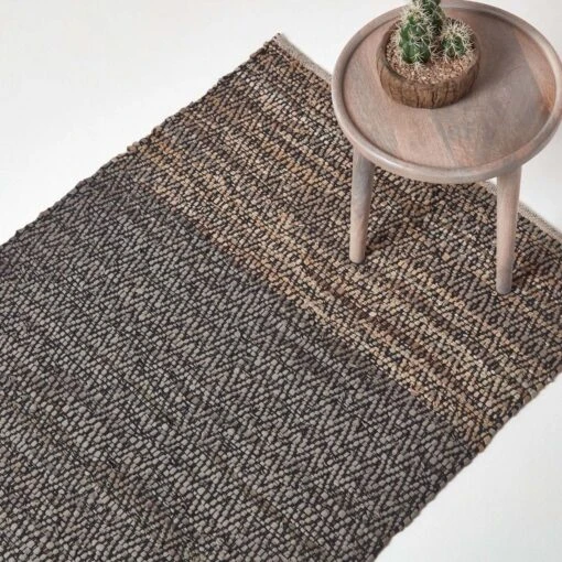 Grey Recycled Leather Handwoven Herringbone Rug -Best Homeware Store ru1303 01