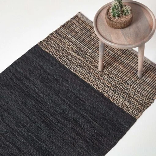 Black Recycled Leather Handwoven Herringbone Rug -Best Homeware Store ru1322 01