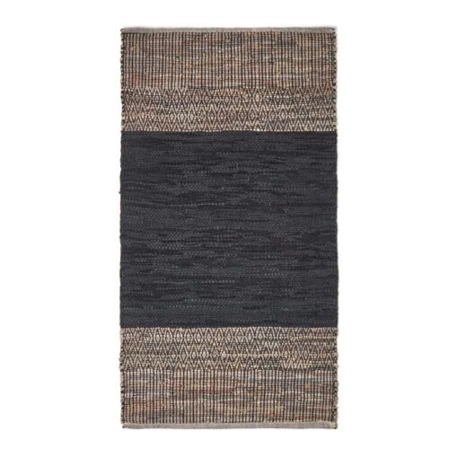 Black Recycled Leather Handwoven Herringbone Rug -Best Homeware Store ru1322 02