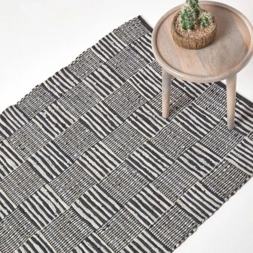 Black & White Real Leather Handwoven Striped Block Check Rug -Best Homeware Store ru1325 01