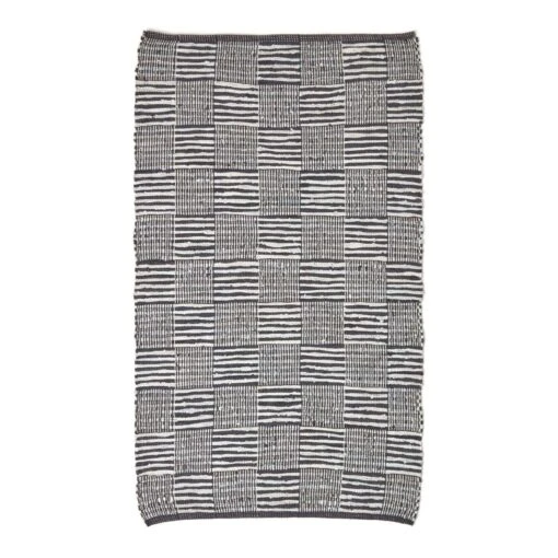 Black & White Real Leather Handwoven Striped Block Check Rug -Best Homeware Store ru1325 02