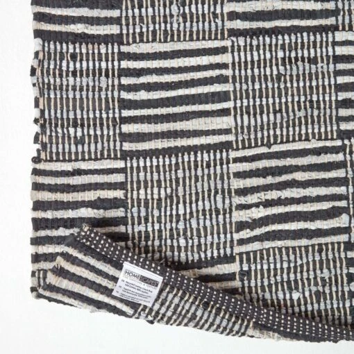 Black & White Real Leather Handwoven Striped Block Check Rug -Best Homeware Store ru1325 05