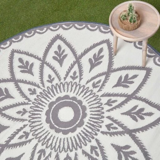 Henna Pattern White & Grey Outdoor Rug, 180cm Round -Best Homeware Store ru1365 2