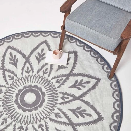 Henna Pattern White & Grey Outdoor Rug, 180cm Round -Best Homeware Store ru1365 7