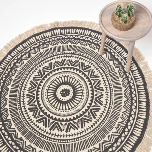 Black & White 100% Cotton Mandala Printed Round Rug -Best Homeware Store ru1377 1