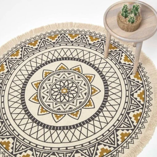 Black & Gold 100% Cotton Mandala Printed Round Rug -Best Homeware Store ru1378 1