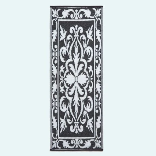 Black & White Outdoor Rug Runner With Damask Design, 198 X 73 Cm -Best Homeware Store ru1387 main main