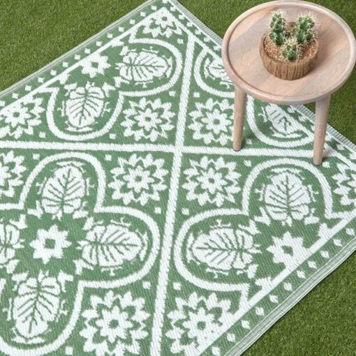 Green Outdoor Rug With Floral Leaf Pattern, 122 X 182 Cm -Best Homeware Store ru1392 2