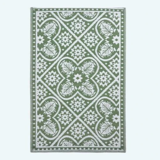 Green Outdoor Rug With Floral Leaf Pattern, 122 X 182 Cm -Best Homeware Store ru1392 main