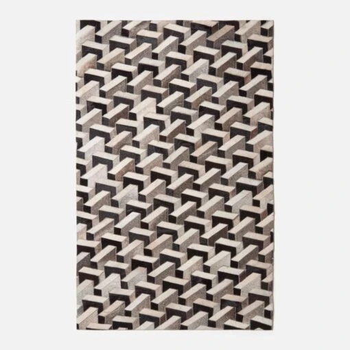 Grey & Black Geometric Leather Rug, 90 X 150 Cm -Best Homeware Store ru1440 2