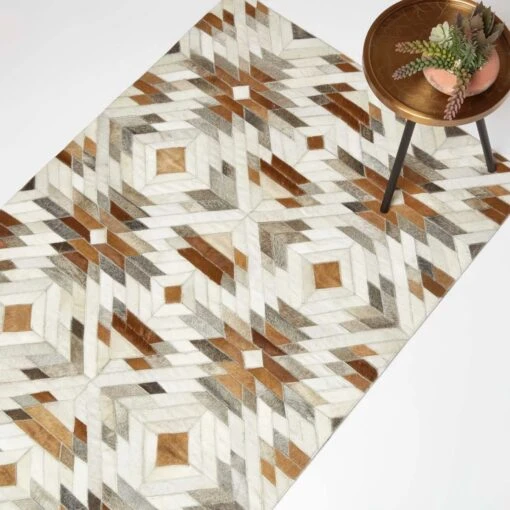 Cream & Brown Geometric Leather Rug, 90 X 150 Cm -Best Homeware Store ru1441 1