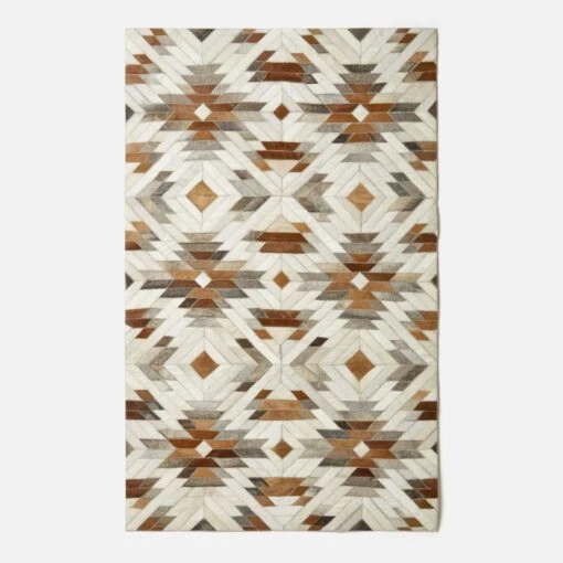 Cream & Brown Geometric Leather Rug, 90 X 150 Cm -Best Homeware Store ru1441 2