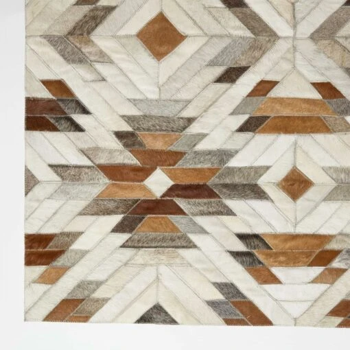 Cream & Brown Geometric Leather Rug, 90 X 150 Cm -Best Homeware Store ru1441 3