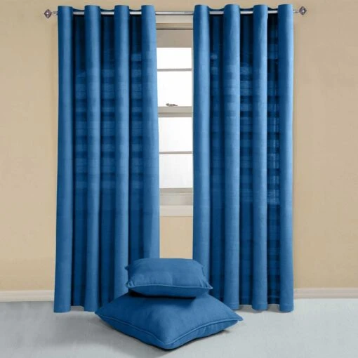 Cotton Rajput Ribbed Blue Curtain Pair -Best Homeware Store sf1134 2