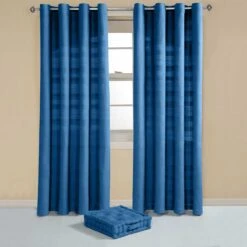 Cotton Rajput Ribbed Blue Curtain Pair -Best Homeware Store sf1134 3