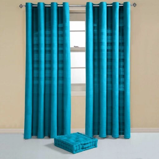 Cotton Rajput Ribbed Teal Curtain Pair -Best Homeware Store sf1137 3 5