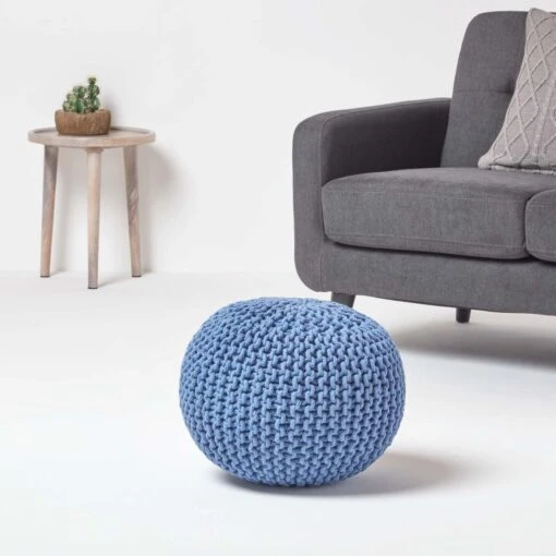 Blue Round Cotton Knitted Pouffe Footstool -Best Homeware Store sf1231a 02