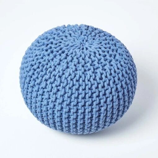 Blue Round Cotton Knitted Pouffe Footstool -Best Homeware Store sf1231a 03