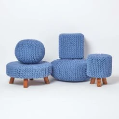 Blue Round Cotton Knitted Pouffe Footstool -Best Homeware Store sf1231a 05