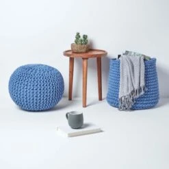 Blue Round Cotton Knitted Pouffe Footstool -Best Homeware Store sf1231a 06 1