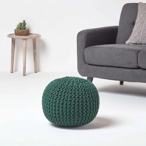 Forest Green Round Cotton Knitted Pouffe Footstool -Best Homeware Store sf1231c 02