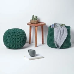 Forest Green Round Cotton Knitted Pouffe Footstool -Best Homeware Store sf1231c 06