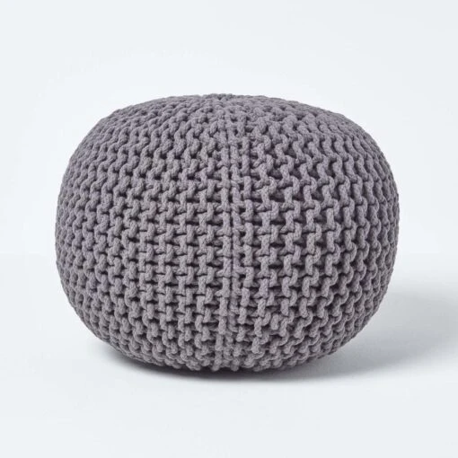 Sea Grey Round Cotton Knitted Pouffe Footstool -Best Homeware Store sf1231d 01