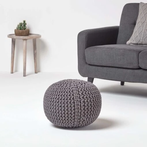 Sea Grey Round Cotton Knitted Pouffe Footstool -Best Homeware Store sf1231d 02