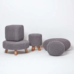 Sea Grey Round Cotton Knitted Pouffe Footstool -Best Homeware Store sf1231d 05