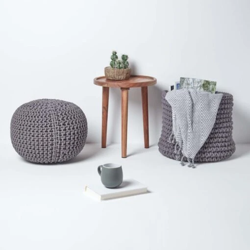 Sea Grey Round Cotton Knitted Pouffe Footstool -Best Homeware Store sf1231d 06